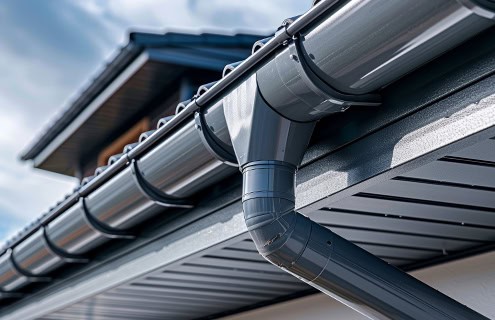 Gray residential roofing gutters and downspouts