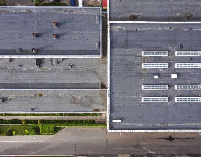 overhead view of a shopping mall commercial roof