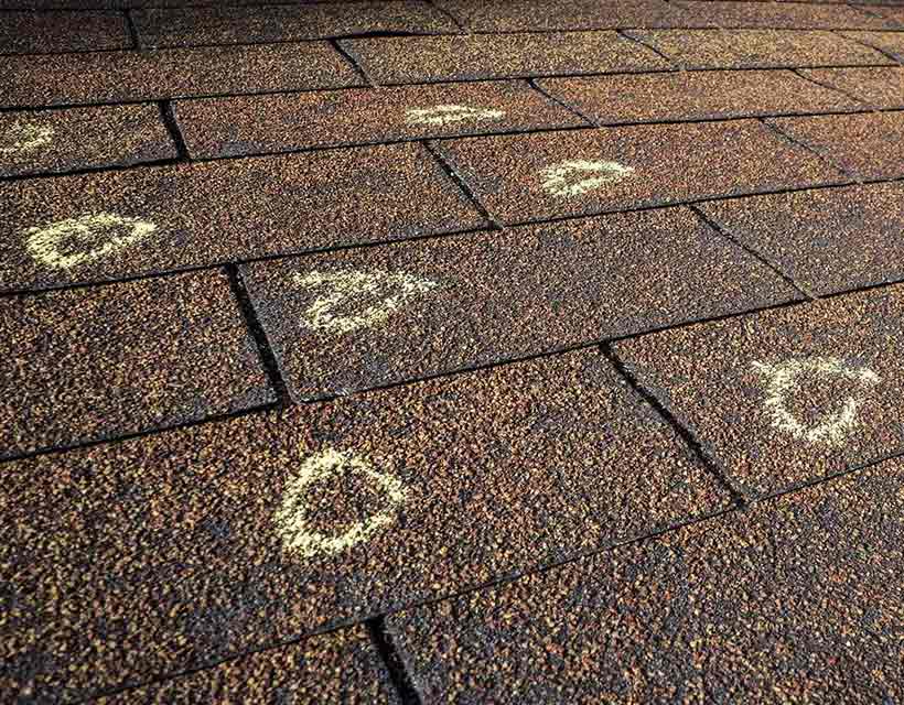 damaged and marked shingles after severe hail storm
